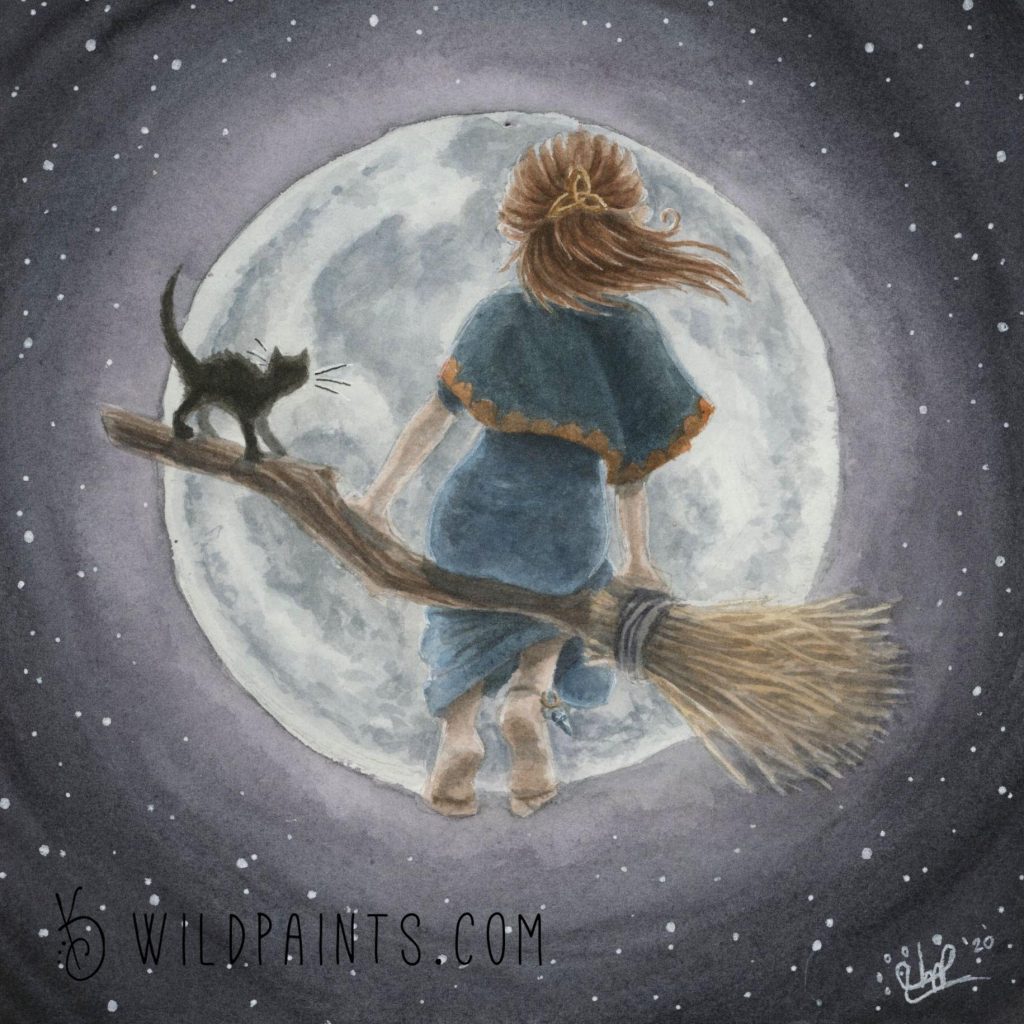 Watercolor painting of a witch and her cat on a broom, the moon large behind.