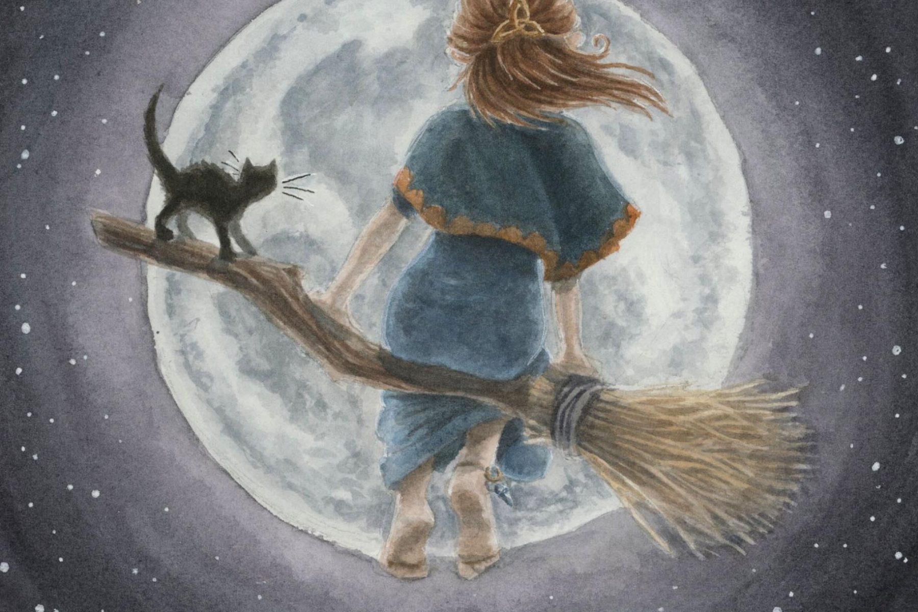 Watercolor painting of a witch and her cat on a broom, the moon large behind.