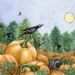 Watercolor and Ink painting of a pumpkin patch and a sleeping kitten