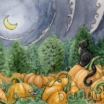Watercolor and ink painting of a kitten guarding a pumpkin patch.