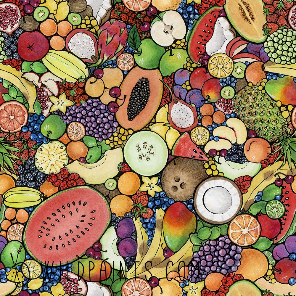 Vibrant watercolor and ink painting of fruit