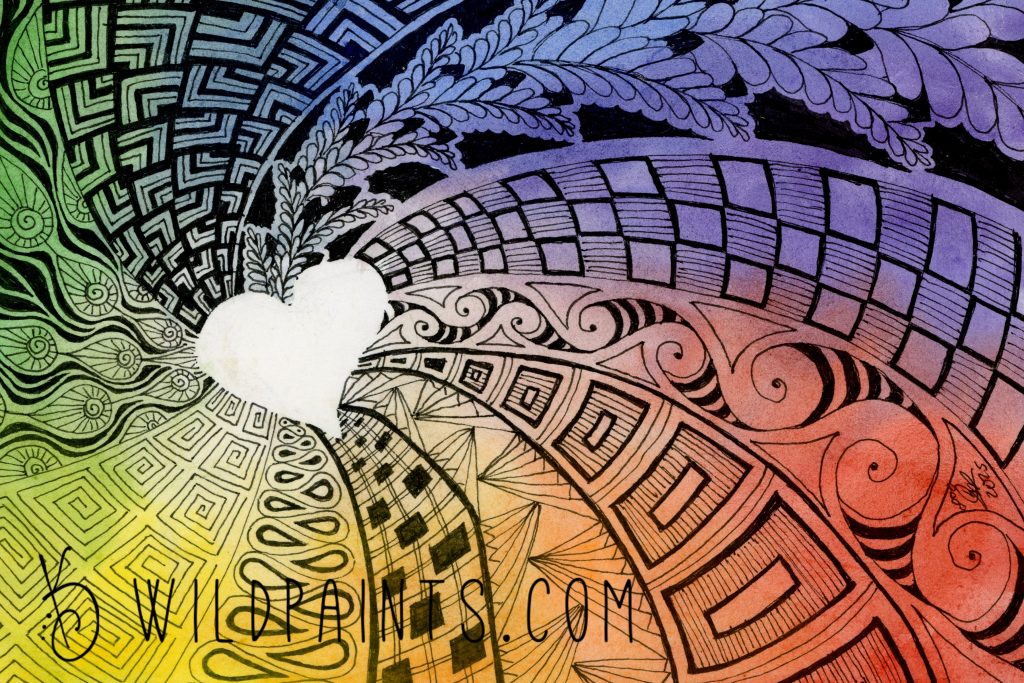 Watercolor and ink painting of a heart and patterned rainbow