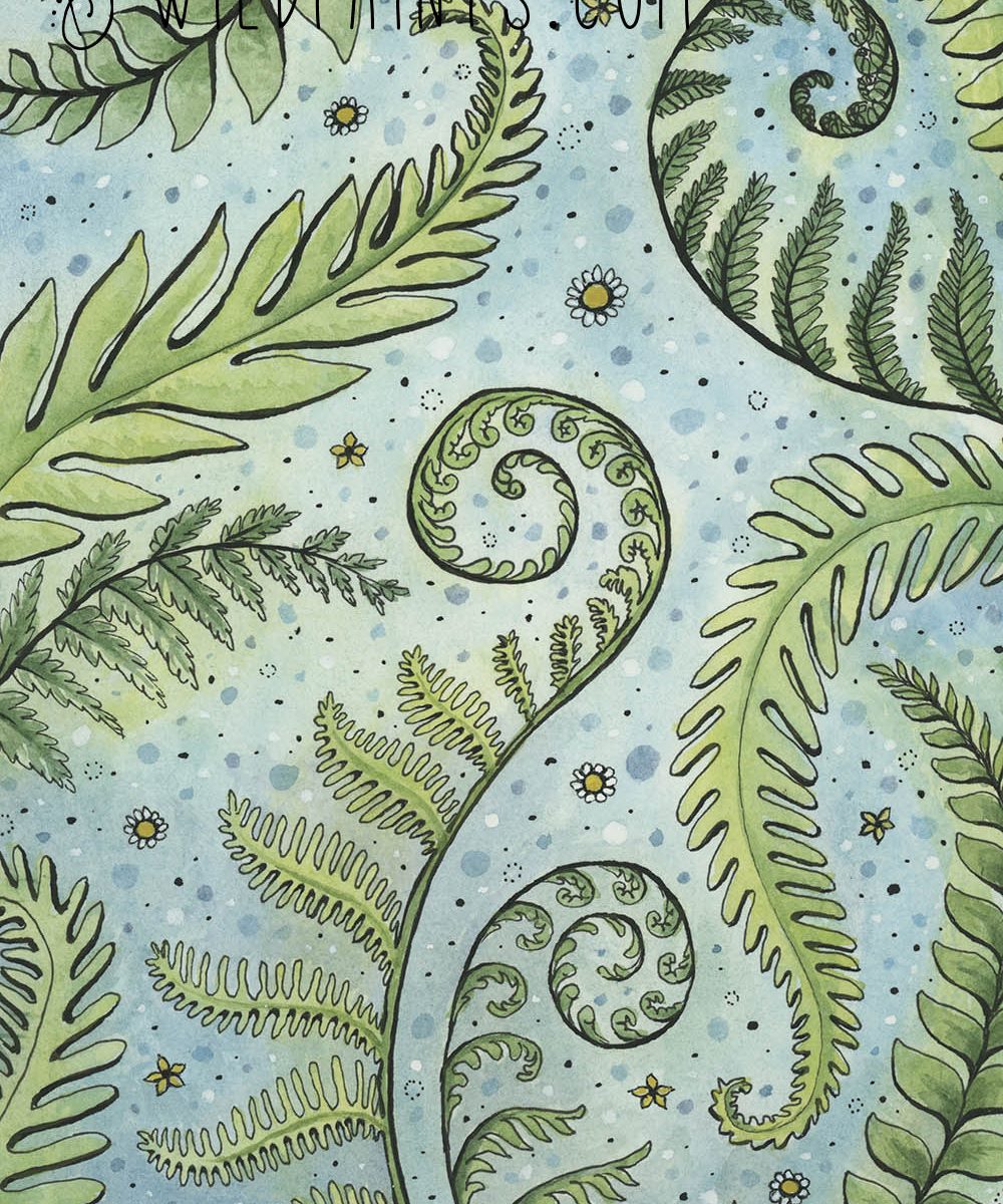 Watercolor and ink painting of ferns on a blue background