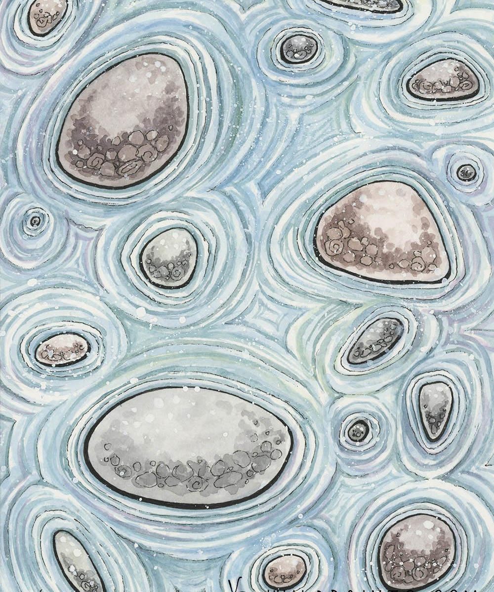 Watercolor and ink painting of ripples around pond rocks