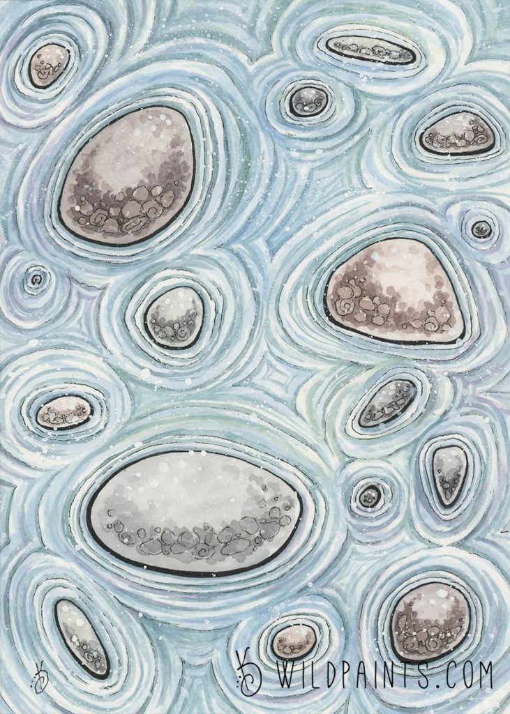 Watercolor and ink painting of ripples around pond rocks