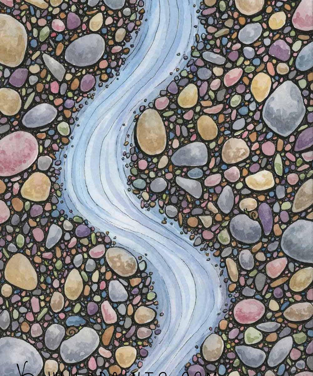 Watercolor and ink painting of gemstone rocks surrounding a blue brook.