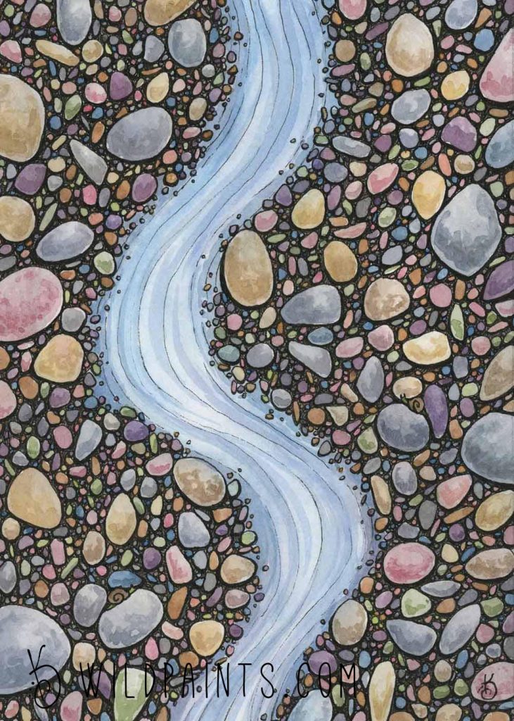 Watercolor and ink painting of gemstone rocks surrounding a blue brook.